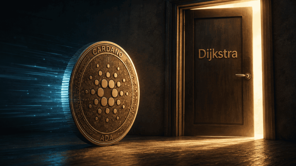 Moneda de Cardano a punto de entrar por una puerta que representa la próxima actualización.