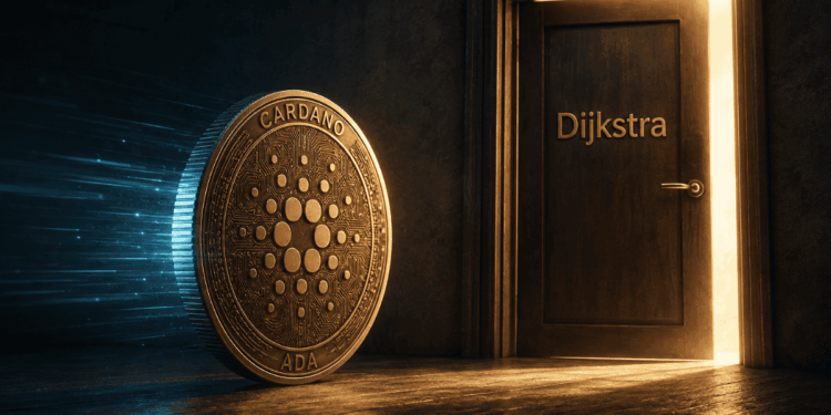 Moneda de Cardano a punto de entrar por una puerta que representa la próxima actualización.