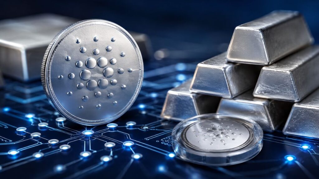 Moneda física de Cardano (ADA) plateada junto a lingotes de plata sobre un circuito digital azul brillante.