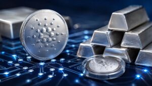 Moneda física de Cardano (ADA) plateada junto a lingotes de plata sobre un circuito digital azul brillante.