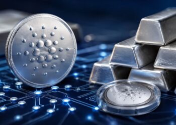 Moneda física de Cardano (ADA) plateada junto a lingotes de plata sobre un circuito digital azul brillante.