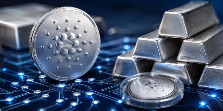 Moneda física de Cardano (ADA) plateada junto a lingotes de plata sobre un circuito digital azul brillante.