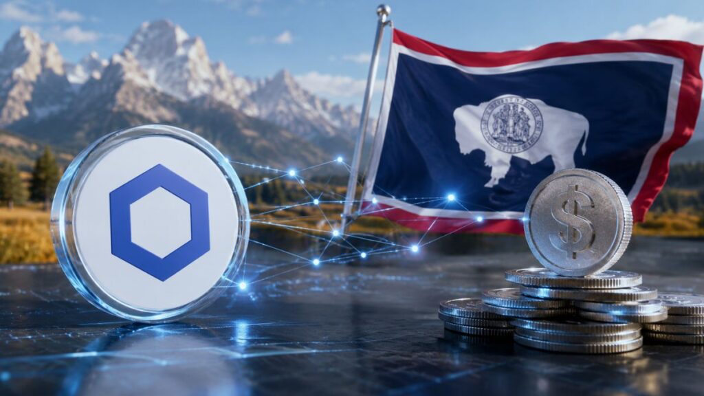 Logo de Chainlink (LINK) conectado digitalmente a monedas de dólar frente a la bandera de Wyoming.