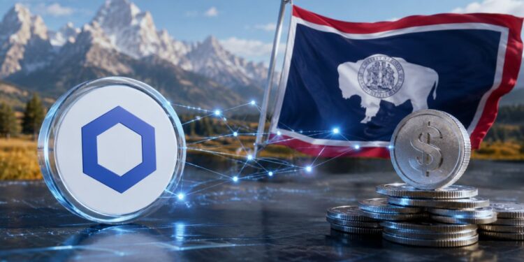 Logo de Chainlink (LINK) conectado digitalmente a monedas de dólar frente a la bandera de Wyoming.