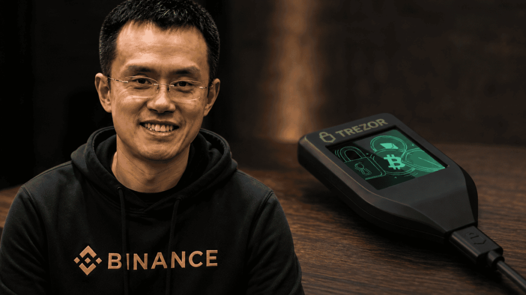 Changpeng Zhao y un dispositivo de la marca Trezor.