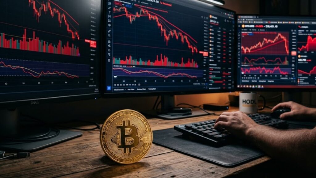 Moneda física de bitcoin dorada en una mesa, con pantallas de computadora que reflejan gráficos bajistas.