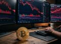 Moneda física de bitcoin dorada en una mesa, con pantallas de computadora que reflejan gráficos bajistas.