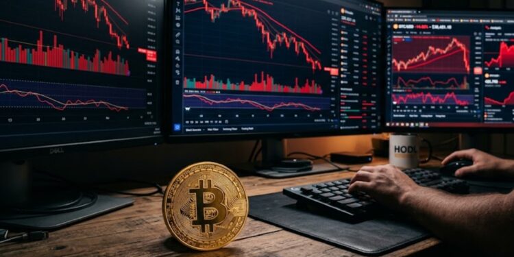 Moneda física de bitcoin dorada en una mesa, con pantallas de computadora que reflejan gráficos bajistas.