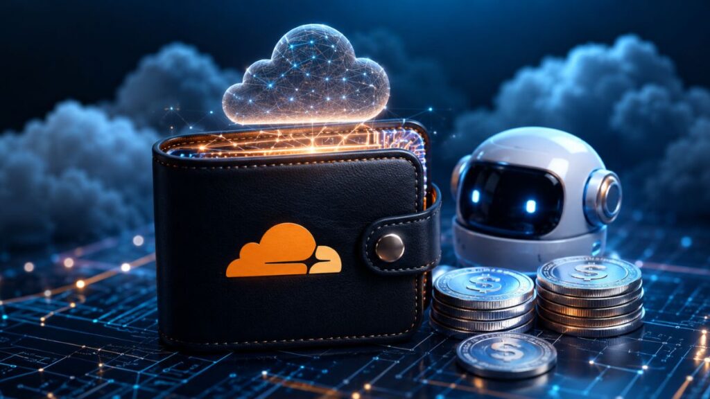 Cloudflare Wallets con una billetera física sobre un circuito digital, un robot de inteligencia artificial y monedas de stablecoins.