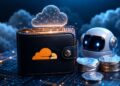 Cloudflare Wallets con una billetera física sobre un circuito digital, un robot de inteligencia artificial y monedas de stablecoins.
