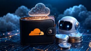 Cloudflare Wallets con una billetera física sobre un circuito digital, un robot de inteligencia artificial y monedas de stablecoins.