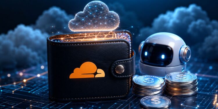 Cloudflare Wallets con una billetera física sobre un circuito digital, un robot de inteligencia artificial y monedas de stablecoins.