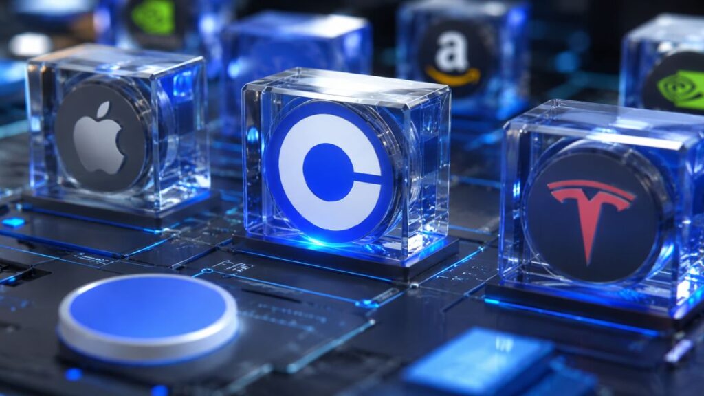 Logotipos de Coinbase, Apple, Tesla y Amazon en cubos de cristal sobre placa base de circuito azul.