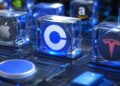 Logotipos de Coinbase, Apple, Tesla y Amazon en cubos de cristal sobre placa base de circuito azul.
