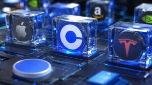 Logotipos de Coinbase, Apple, Tesla y Amazon en cubos de cristal sobre placa base de circuito azul.