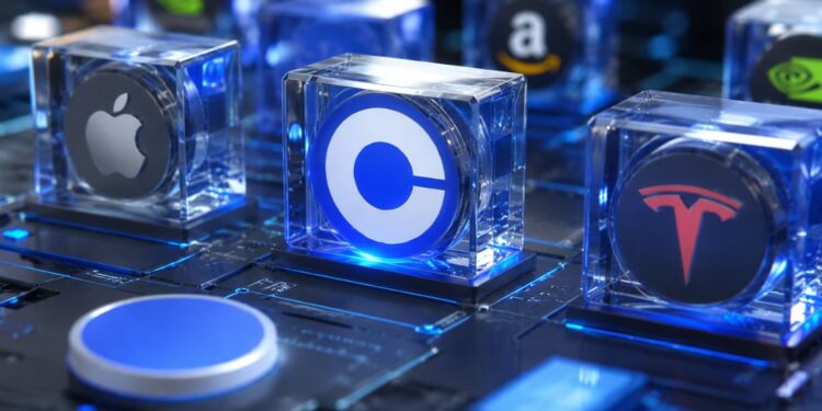Logotipos de Coinbase, Apple, Tesla y Amazon en cubos de cristal sobre placa base de circuito azul.