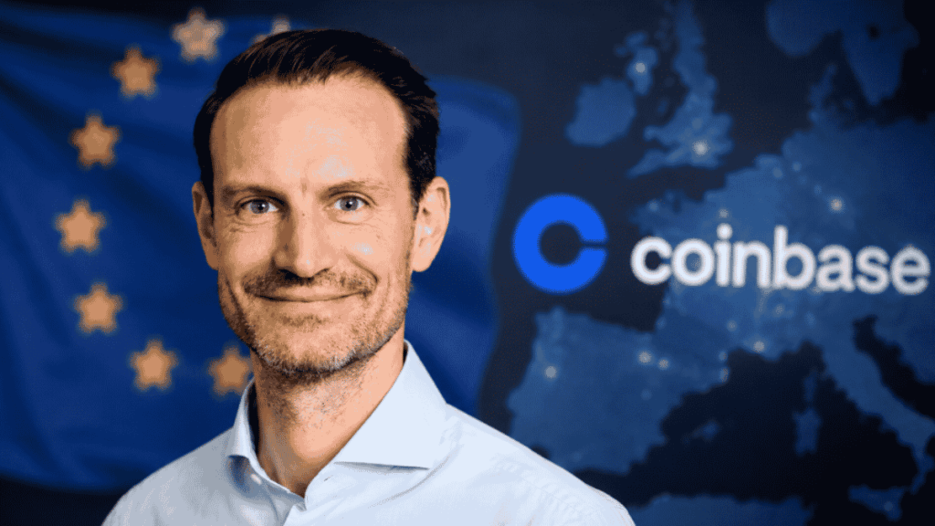 Fotografía de Daniel Seifert, bandera de Europa y logo de Coinbase.