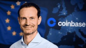 Fotografía de Daniel Seifert, bandera de Europa y logo de Coinbase.