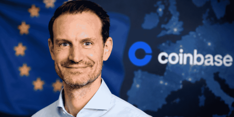 Fotografía de Daniel Seifert, bandera de Europa y logo de Coinbase.