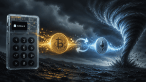 Una hardware wallet Colcard, una moneda de bitcoin, una moneda de ether y un tornado.