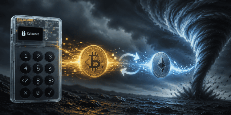 Una hardware wallet Colcard, una moneda de bitcoin, una moneda de ether y un tornado.