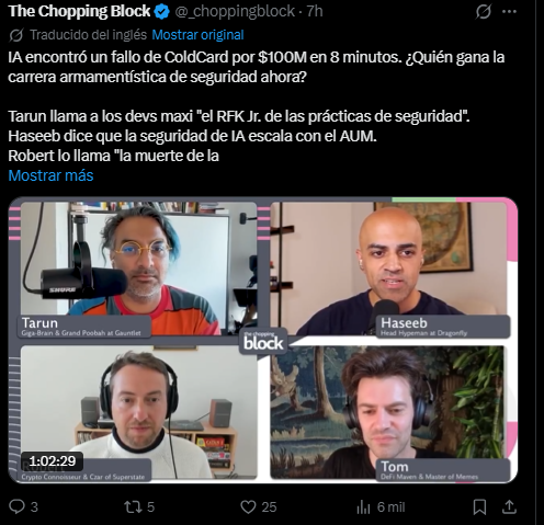 Captura de pantalla de una publicación en X (Twitter) del pódcast The Chopping Block. En la parte superior, el texto traducido al español dice: "IA encontró un fallo de ColdCard por $100M en 8 minutos. ¿Quién gana la carrera armamentística de seguridad ahora?". Debajo, se muestra una cuadrícula con cuatro participantes de una llamada en video: Tarun, Haseeb, Robert y Tom.
