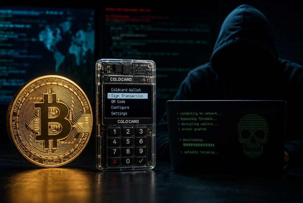 Una moneda física de bitcoin junto a una wallet de Coldcard y una persona encapuchada.