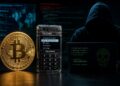 Una moneda física de bitcoin junto a una wallet de Coldcard y una persona encapuchada.