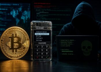 Una moneda física de bitcoin junto a una wallet de Coldcard y una persona encapuchada.