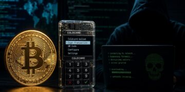 Una moneda física de bitcoin junto a una wallet de Coldcard y una persona encapuchada.