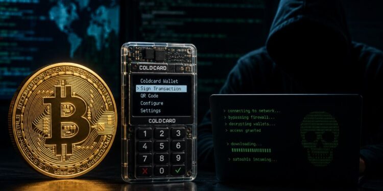 Una moneda física de bitcoin junto a una wallet de Coldcard y una persona encapuchada.