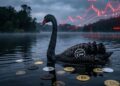 Un cisne negro con el logo de Coldcard, con bitcoin alrededor y gráficas de mercado en rojo.