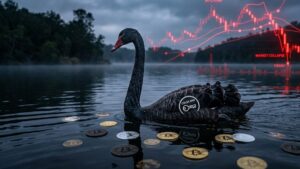 Un cisne negro con el logo de Coldcard, con bitcoin alrededor y gráficas de mercado en rojo.