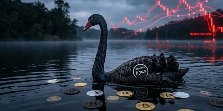 Un cisne negro con el logo de Coldcard, con bitcoin alrededor y gráficas de mercado en rojo.