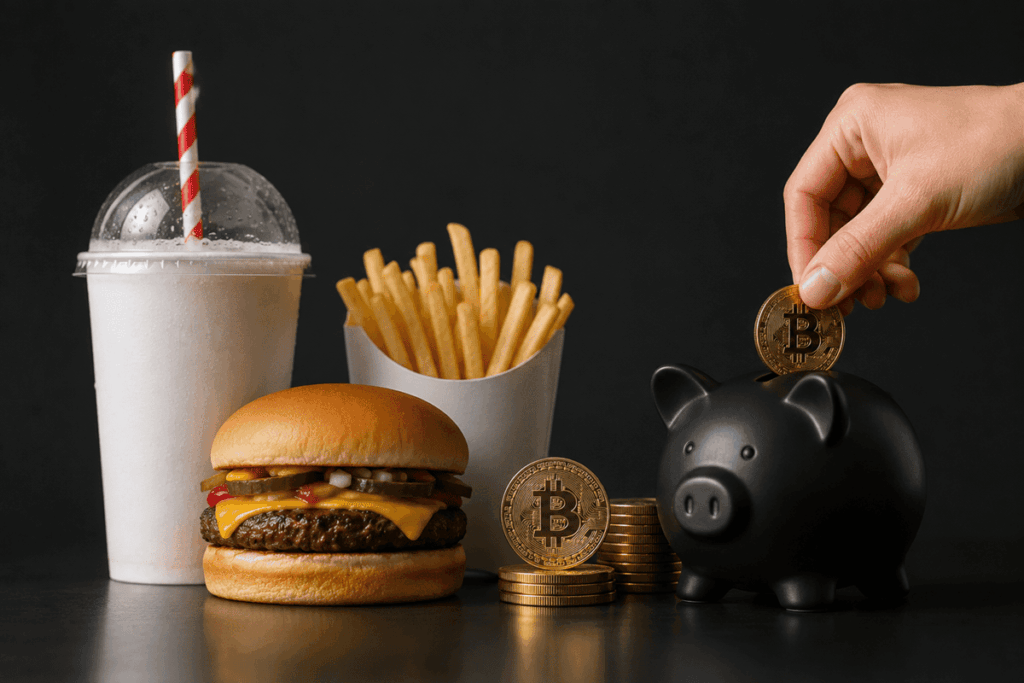 Hamburguesa y papas junto a monedas de Bitcoin y una alcancía que representa el ahorro en criptomonedas.