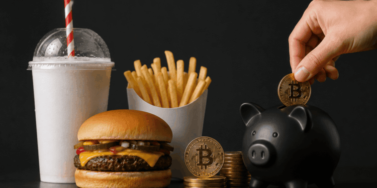 Hamburguesa y papas junto a monedas de Bitcoin y una alcancía que representa el ahorro en criptomonedas.