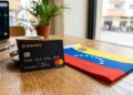 Una tarjeta de Binance con la bandera de Venezuela al lado, sobre una mesa.