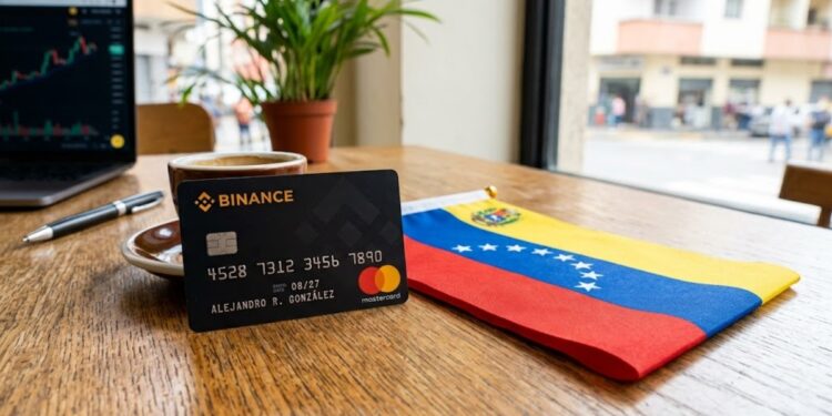 Una tarjeta de Binance con la bandera de Venezuela al lado, sobre una mesa.