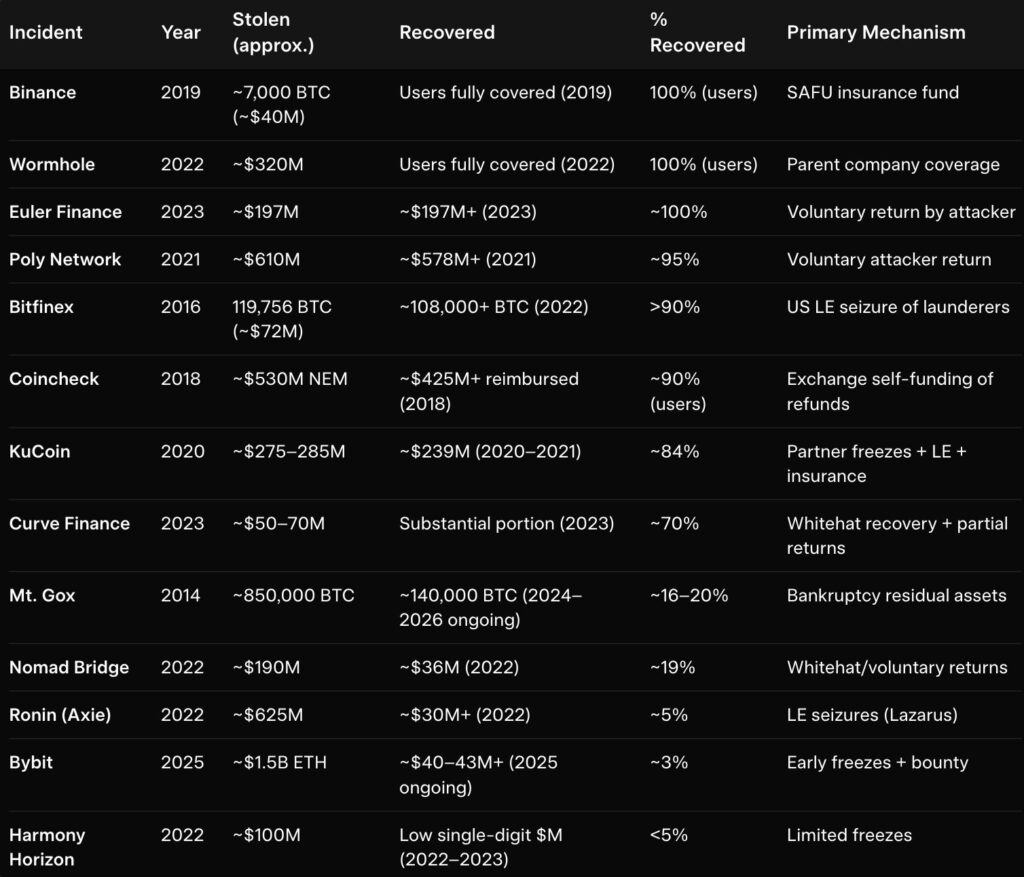 Tabla comparativa histórica de recuperación de fondos robados de bitcoin a exchanges.