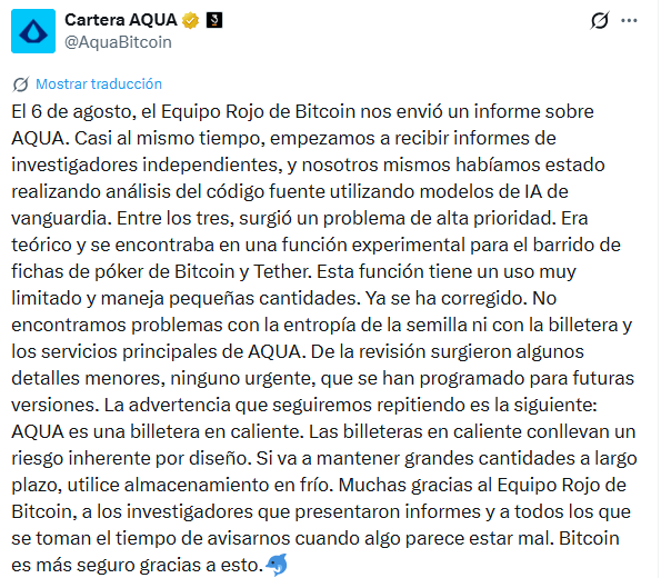 Comunicado de Aqua Wallet traducido automáticamente por Google.