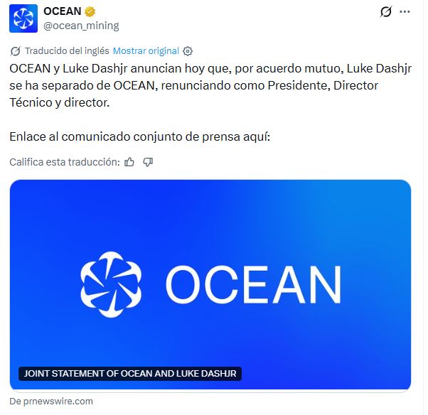 Publicación en la cuenta oficial de OCEAN.