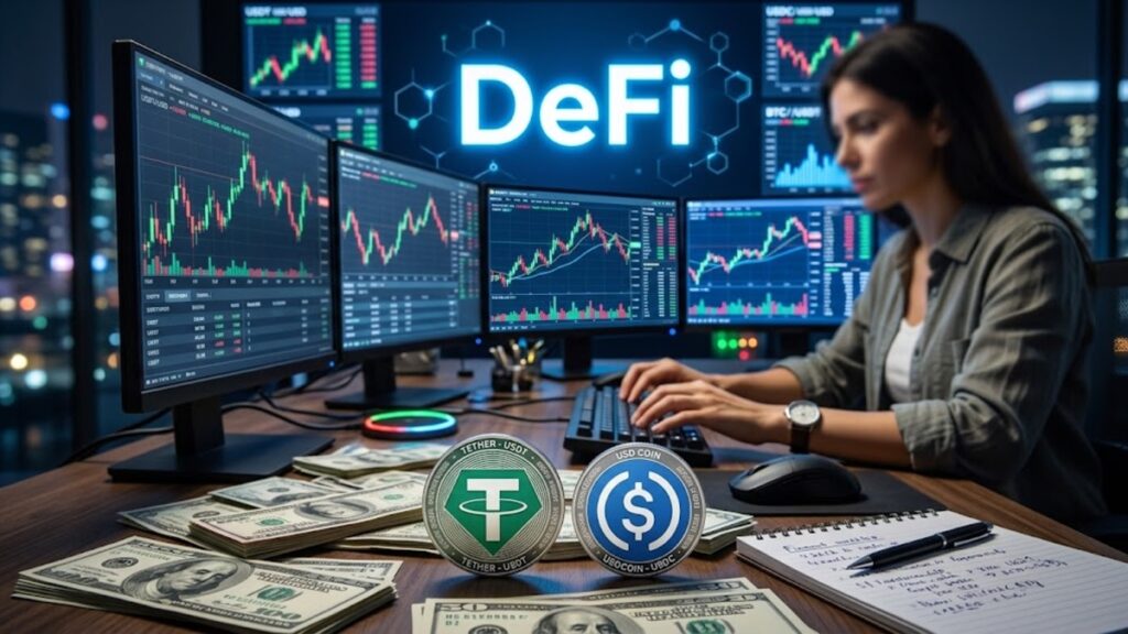 USDT y USDC con gráficos de fondo, dinero, y la palabra DeFi.