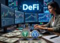 USDT y USDC con gráficos de fondo, dinero, y la palabra DeFi.