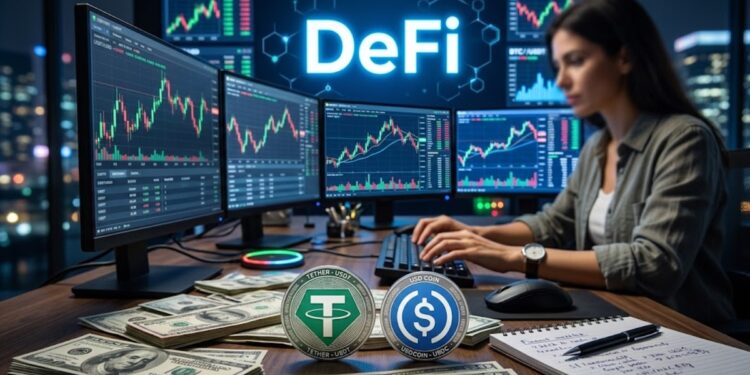 USDT y USDC con gráficos de fondo, dinero, y la palabra DeFi.