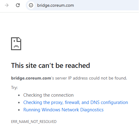El sitio web del puente de Coreum fue dado de baja.