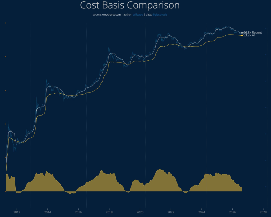 Costo base de las monedas de bitcoin recientes y el promedio total.