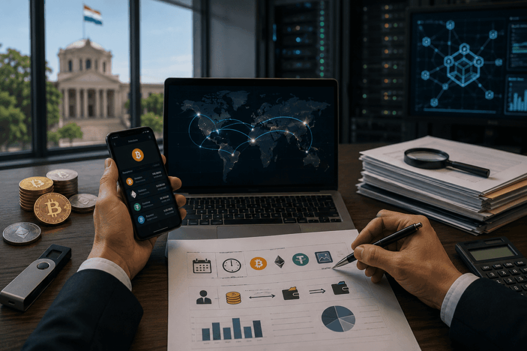 Persona analiza operaciones de criptomonedas frente a una laptop, wallet y documentos financieros.