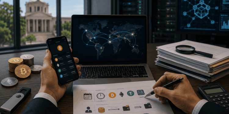 Persona analiza operaciones de criptomonedas frente a una laptop, wallet y documentos financieros.