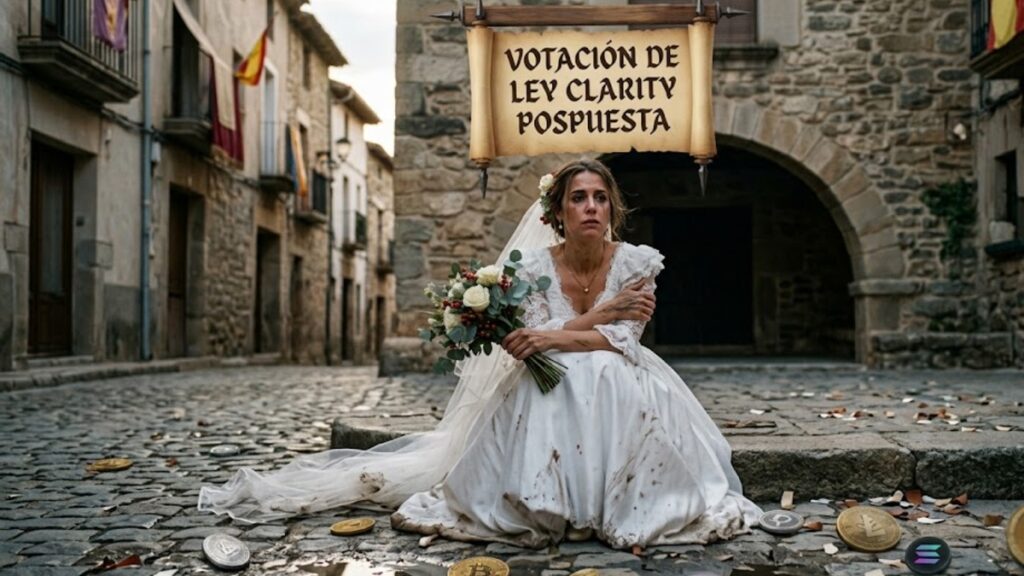 Una novia de pueblo, vestida y alborotada, con criptomonedas alrededor y de fondo un documento que dice "Ley Clarity".