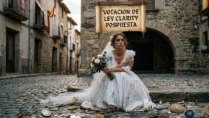 Una novia de pueblo, vestida y alborotada, con criptomonedas alrededor y de fondo un documento que dice "Ley Clarity".
